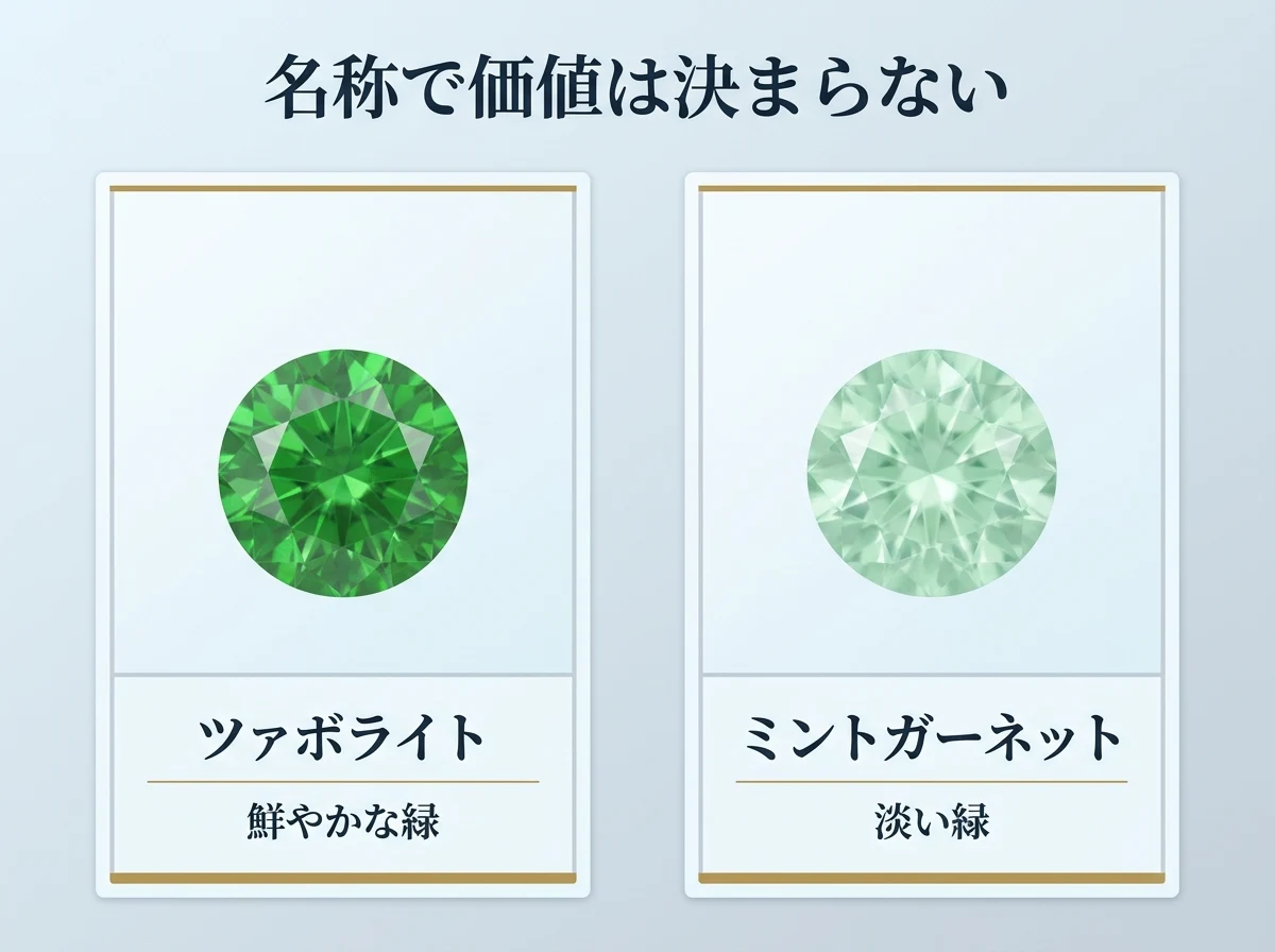 ツァボライトとミントガーネットを並べ、名称ではなく色で評価することを示した比較図