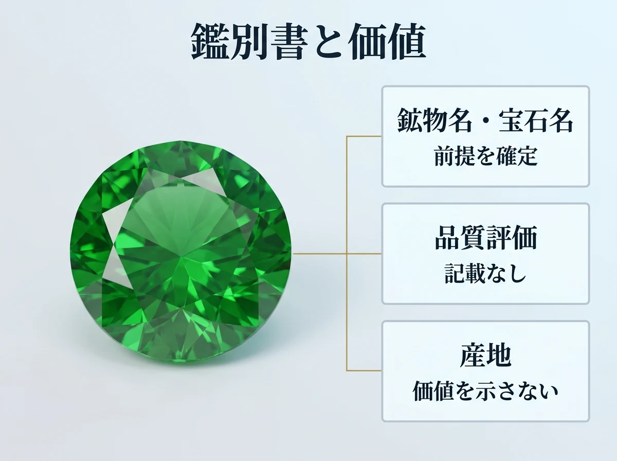 鑑別書の記載のうち、鉱物名・宝石名は前提を確定し、品質評価は記載されず、産地は価値を示さないことを示した図