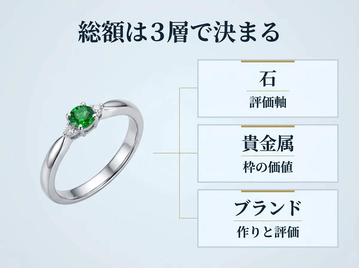 ツァボライトの指輪の総額が、石・貴金属・ブランドの3層で決まることを示した図