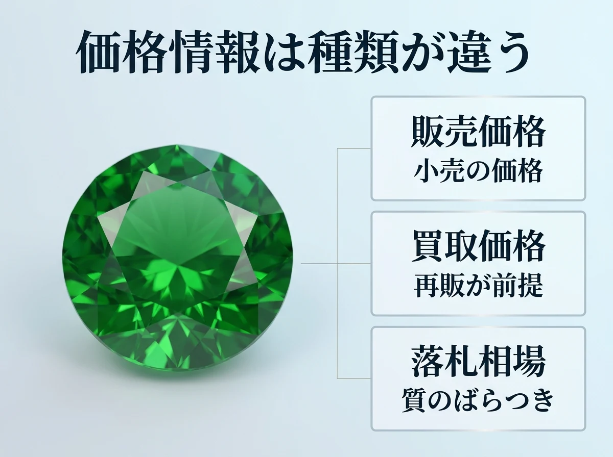 ネット上の価格情報が販売価格・買取価格・落札相場という種類の違う数字であることを示した図