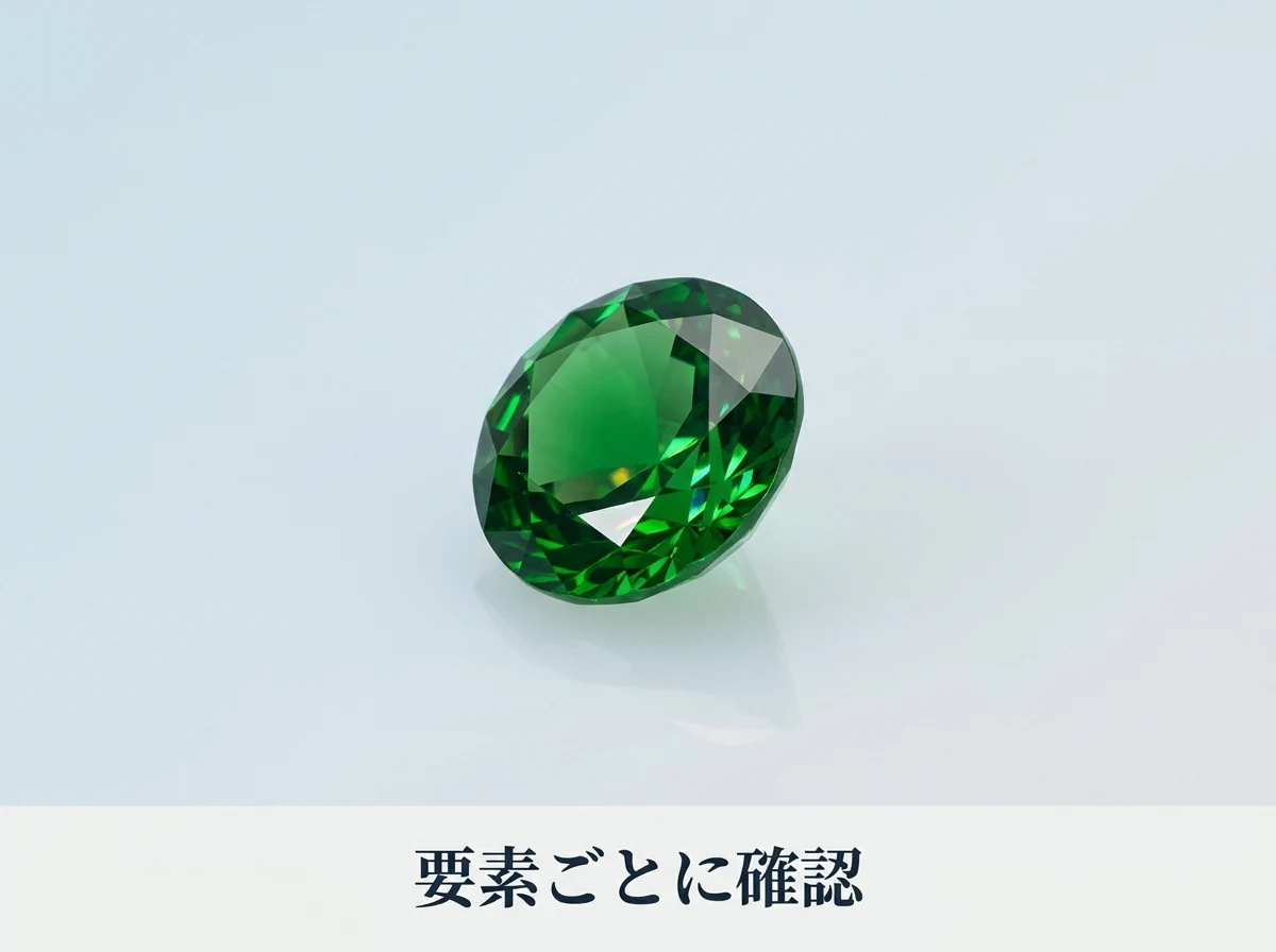 白い光の下に置かれた緑のツァボライトのルース