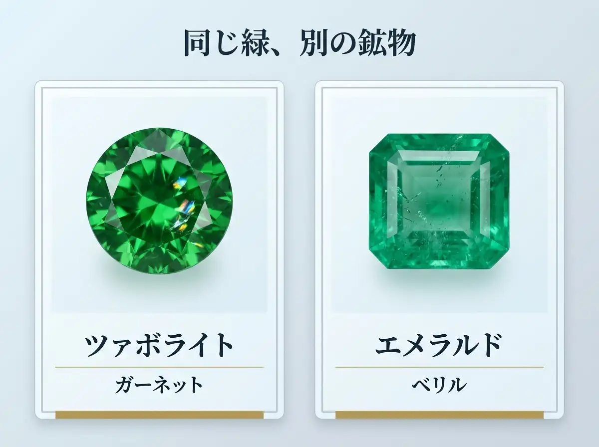ツァボライトとエメラルドを鉱物種ごとに並べた比較図