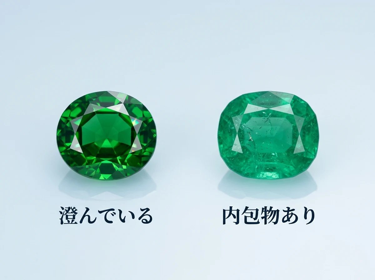 澄んだ内部のツァボライトと、内包物の見えるエメラルドを並べた写真