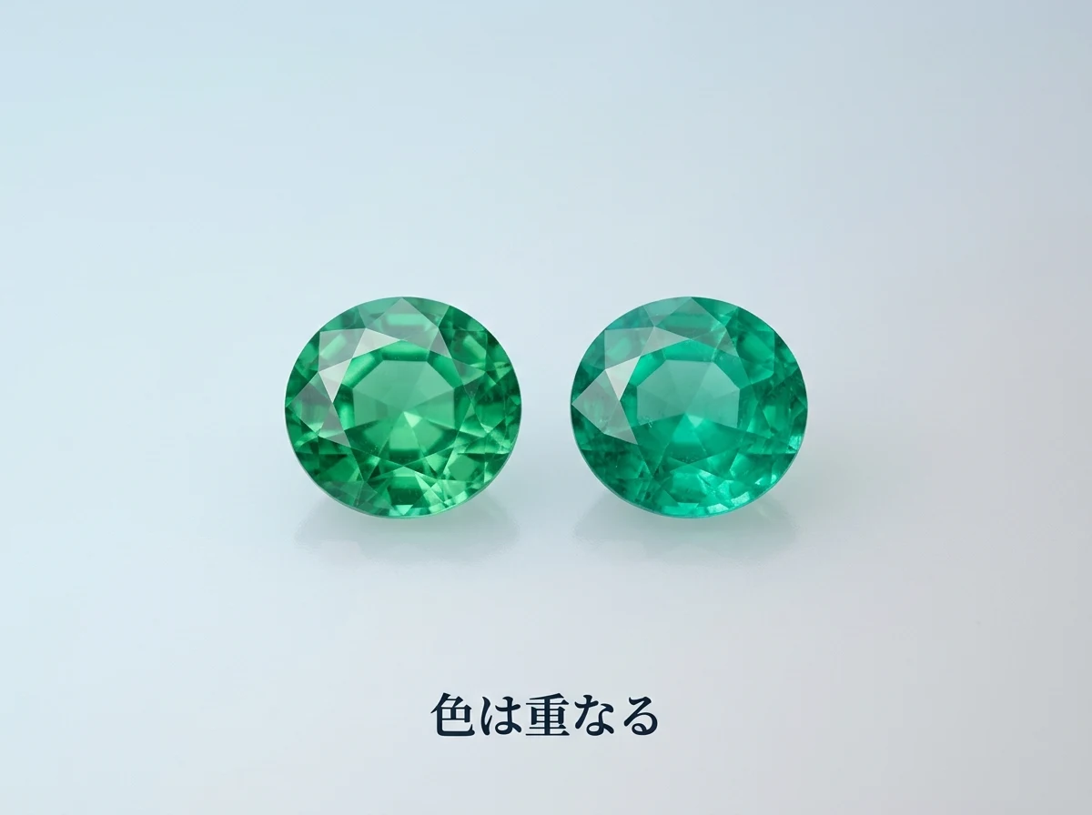 色味がほとんど同じに見えるツァボライトとエメラルドを並べた写真