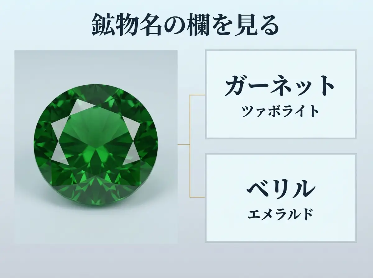 緑の石の鑑別書で、鉱物名の欄にガーネットかベリルかが書かれることを示した図