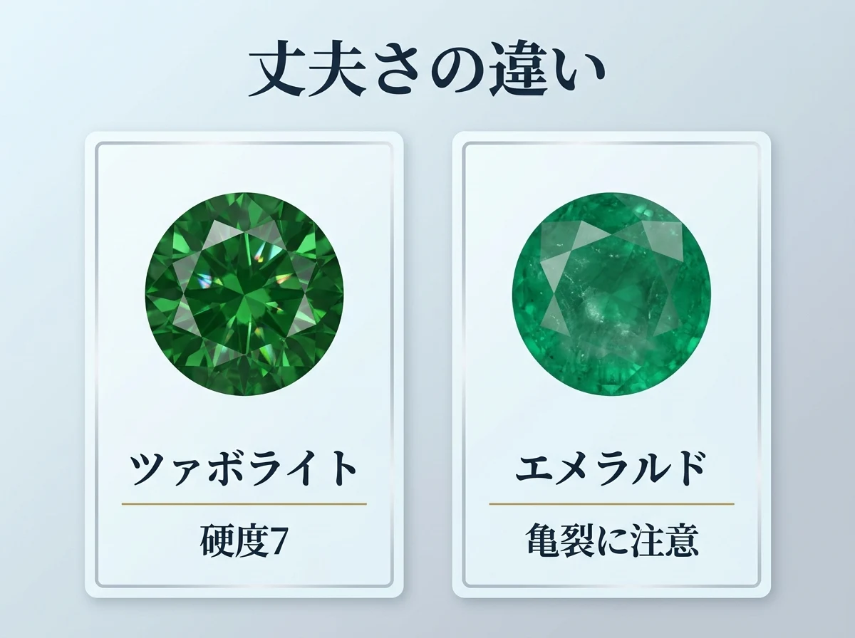 ツァボライトとエメラルドの丈夫さの違い（硬度と亀裂への注意）を示した比較図