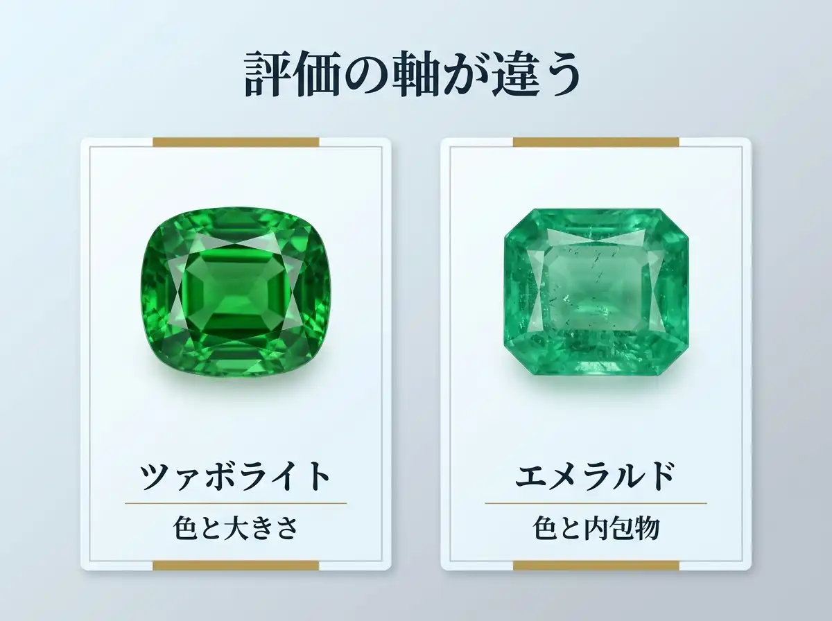 ツァボライトとエメラルドで価値の評価軸が違うことを示した比較図