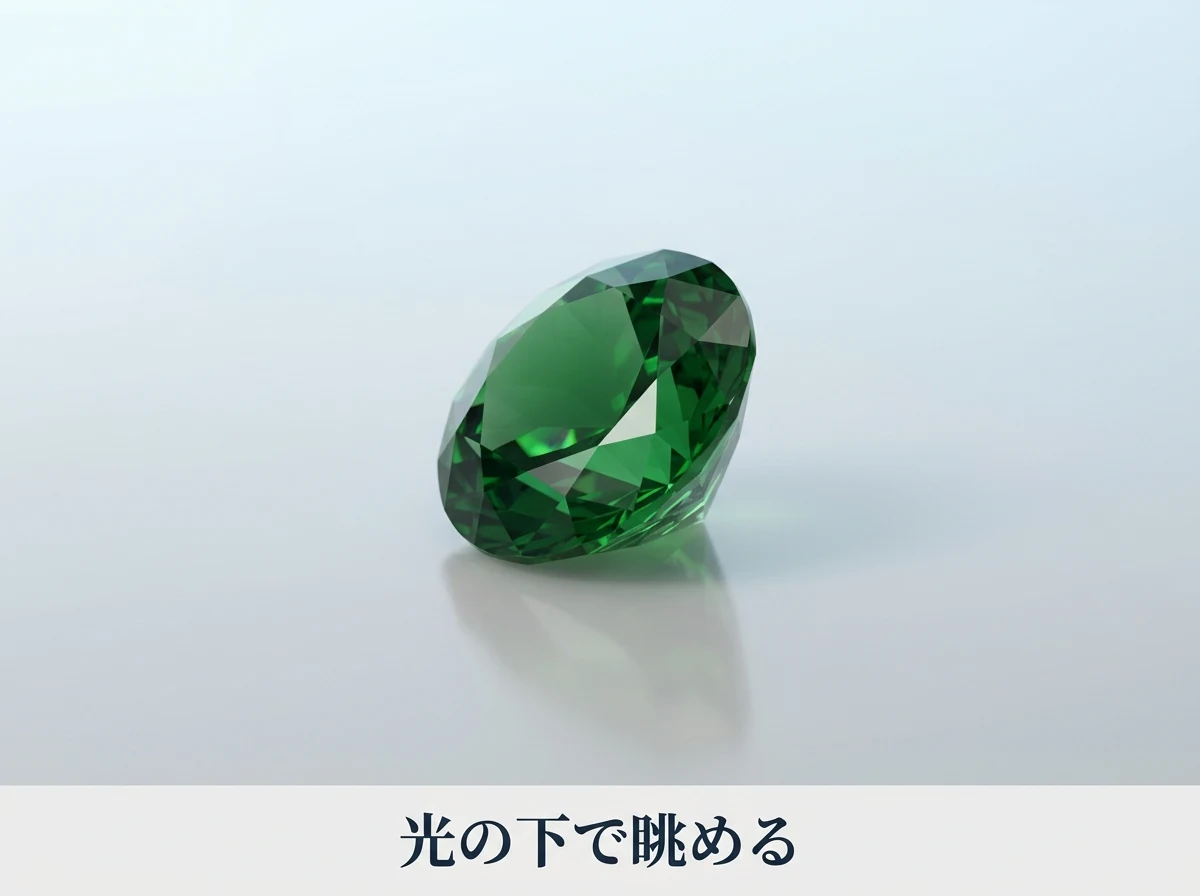 白い光の下で静かに眺める緑のルース