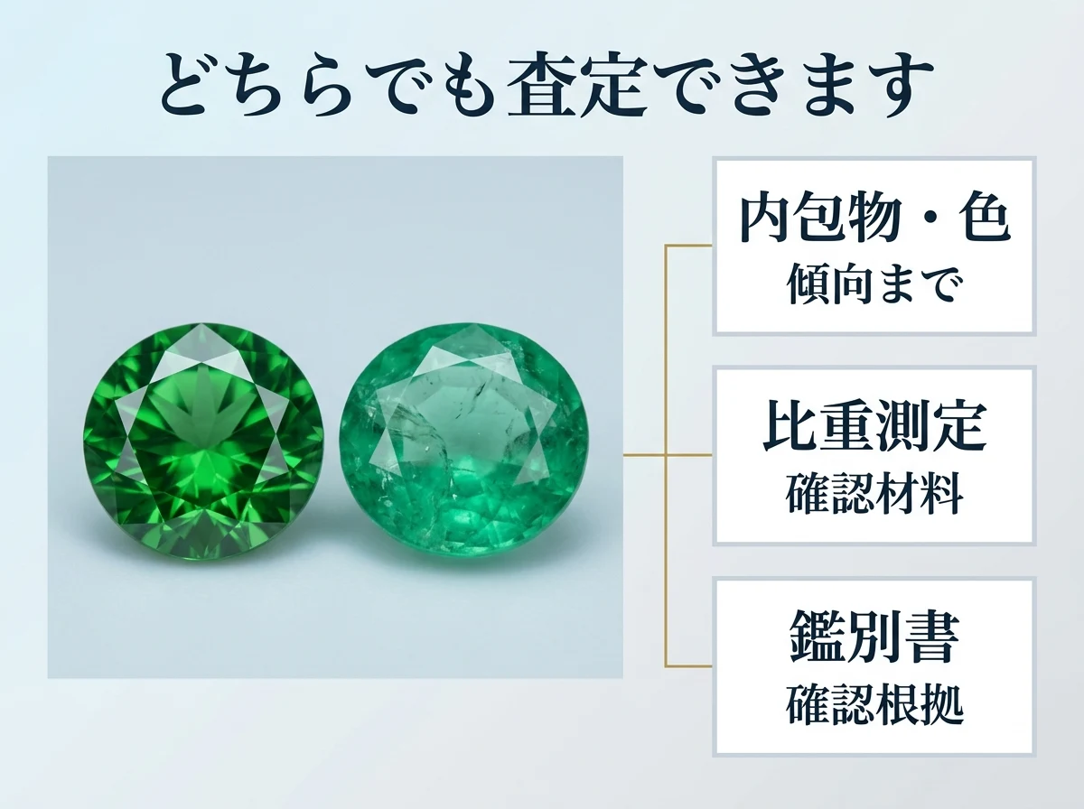 緑の石の査定で、内包物と色・比重測定・鑑別書がそれぞれどう扱われるかを示した図