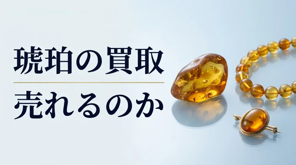 琥珀のネックレス・枠のない琥珀・琥珀のブローチを光沢のある面に並べて置いた写真
