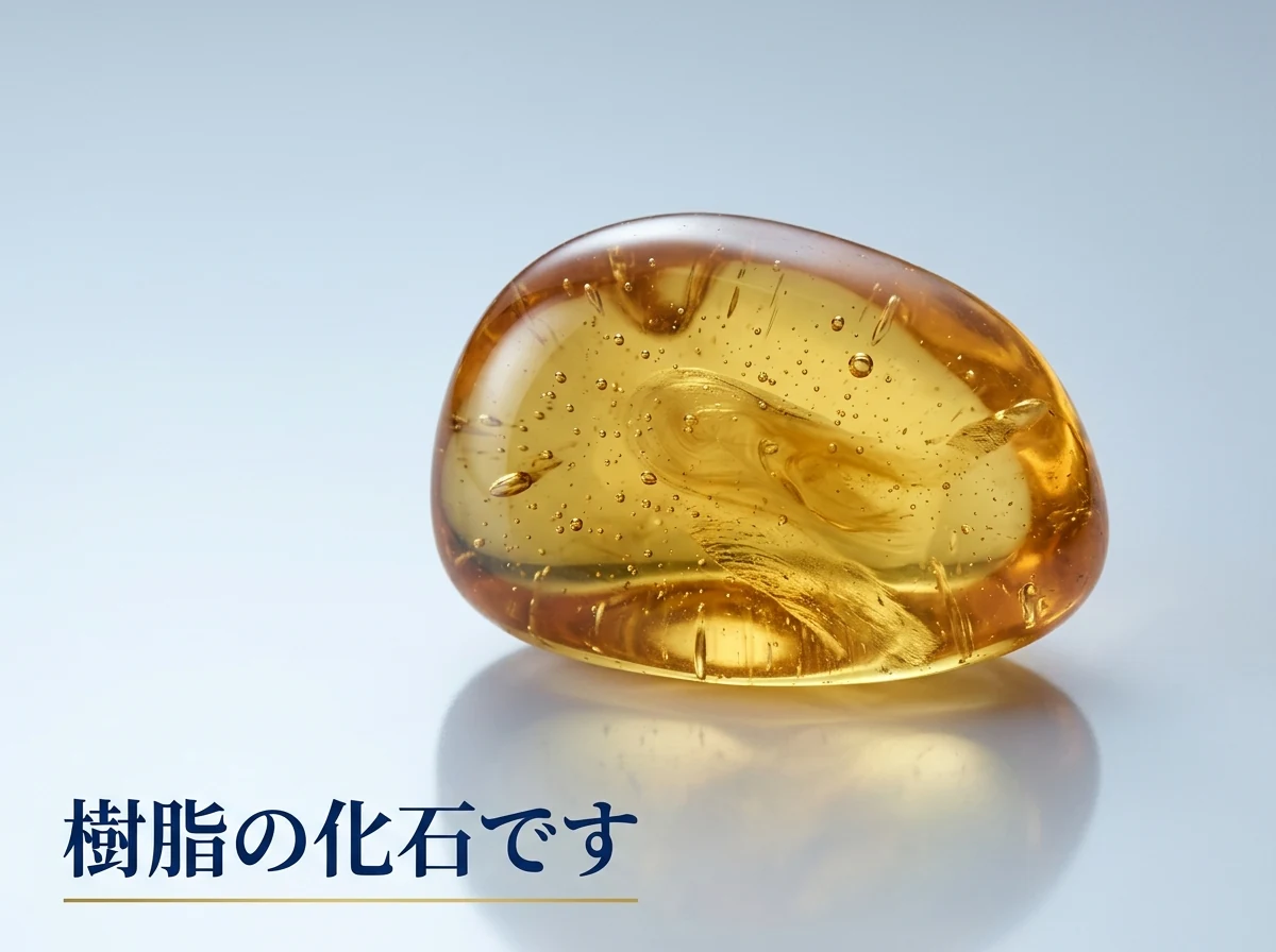 内部に気泡とわずかな濁りが見える琥珀の塊を寄って撮った写真