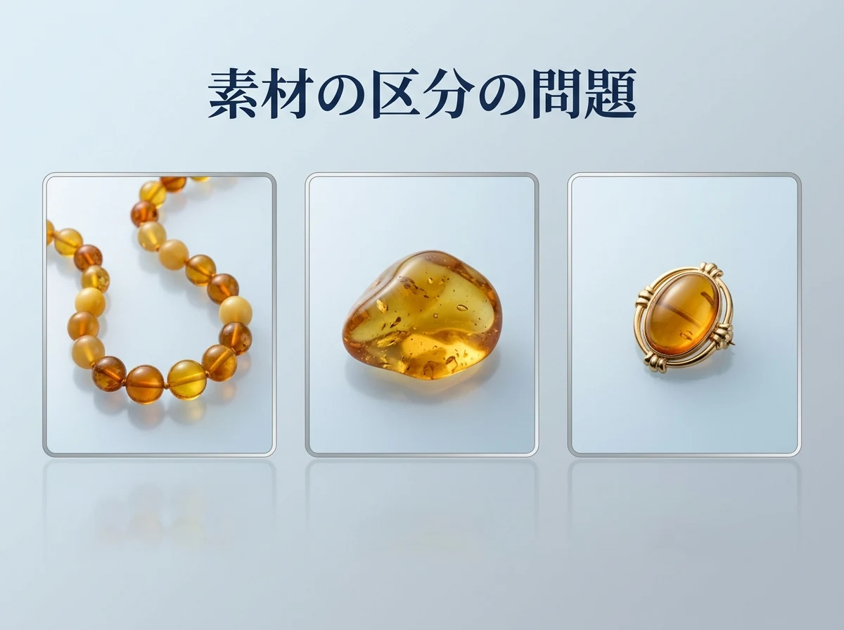 形の違う琥珀の品物3点をカードに分けて並べた図