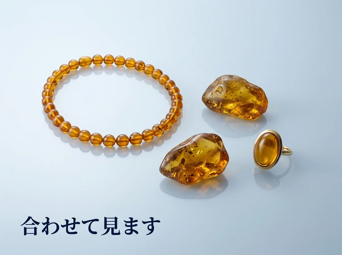 琥珀の品物を光沢のある面に落ち着いて並べた写真