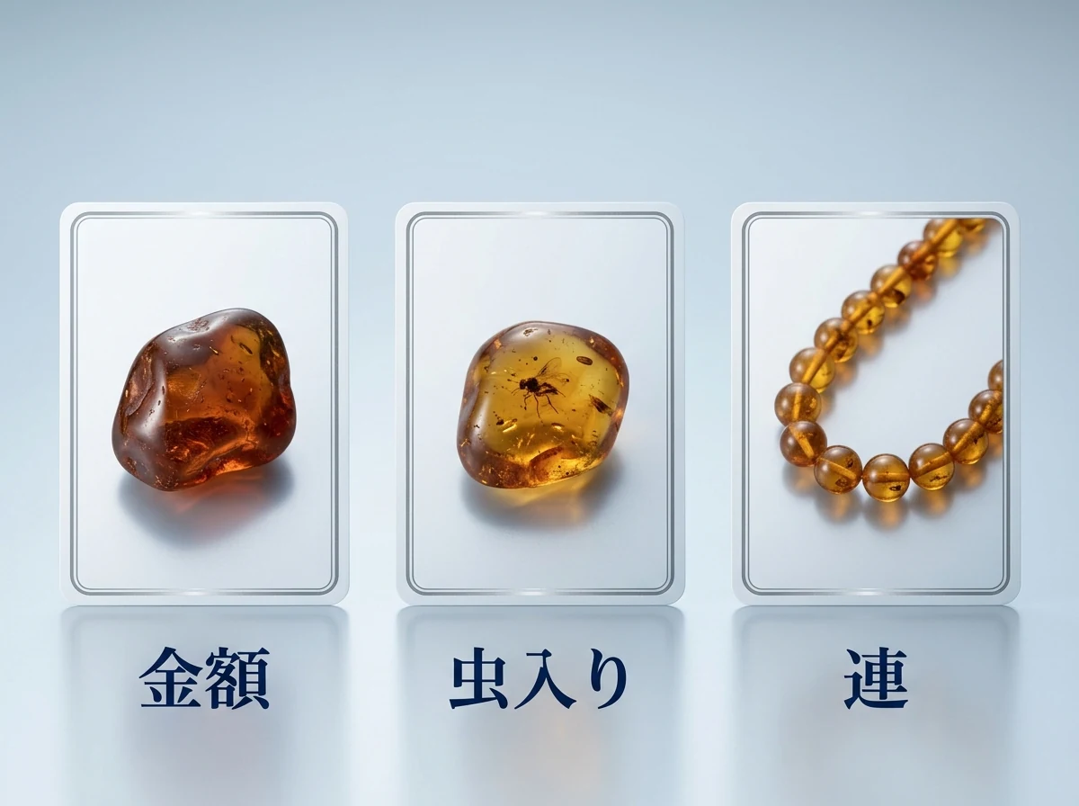 枠のない琥珀・虫の入った琥珀・琥珀のネックレスをカード3枚に分けた図