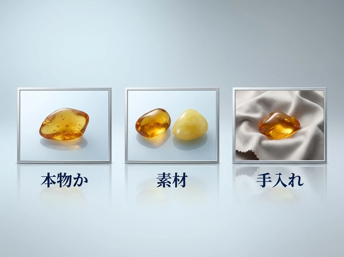 琥珀の塊・2種類の樹脂・やわらかい布の上の琥珀をカード3枚に分けた図