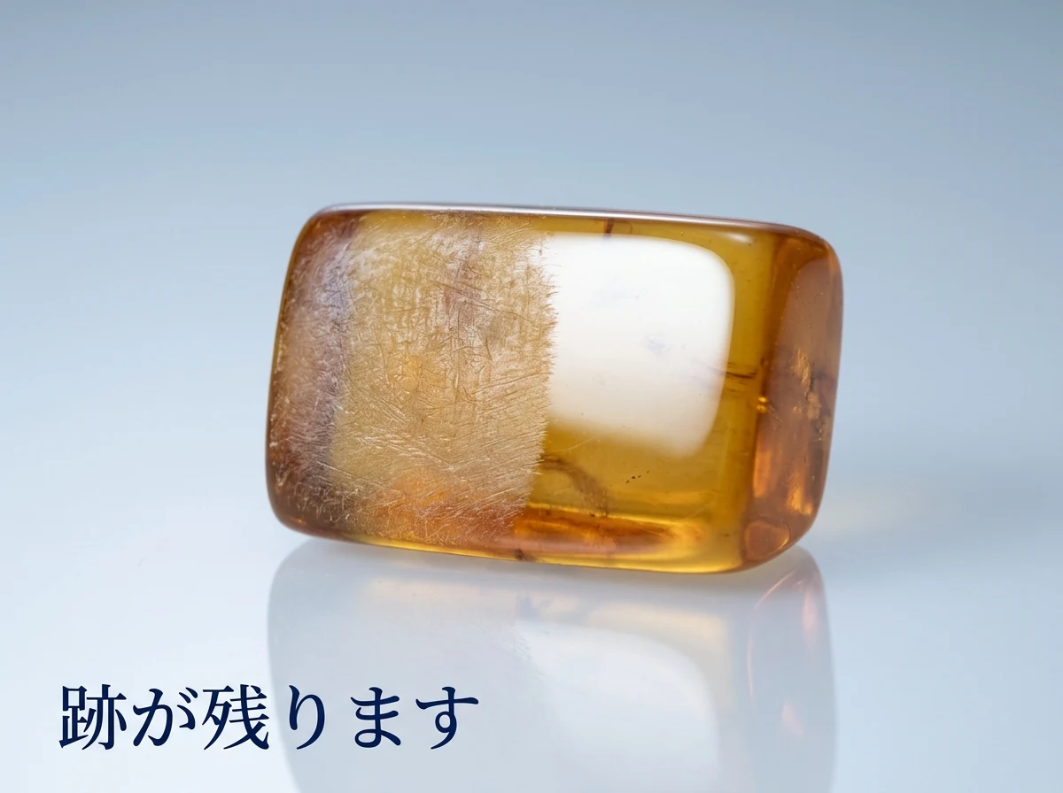 表面に細かい擦り傷が付いた琥珀の塊を寄って撮った写真