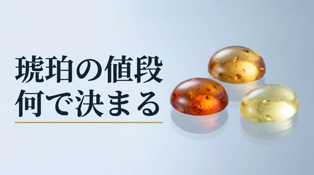色と透明度の異なる琥珀を光沢のある面に並べた写真