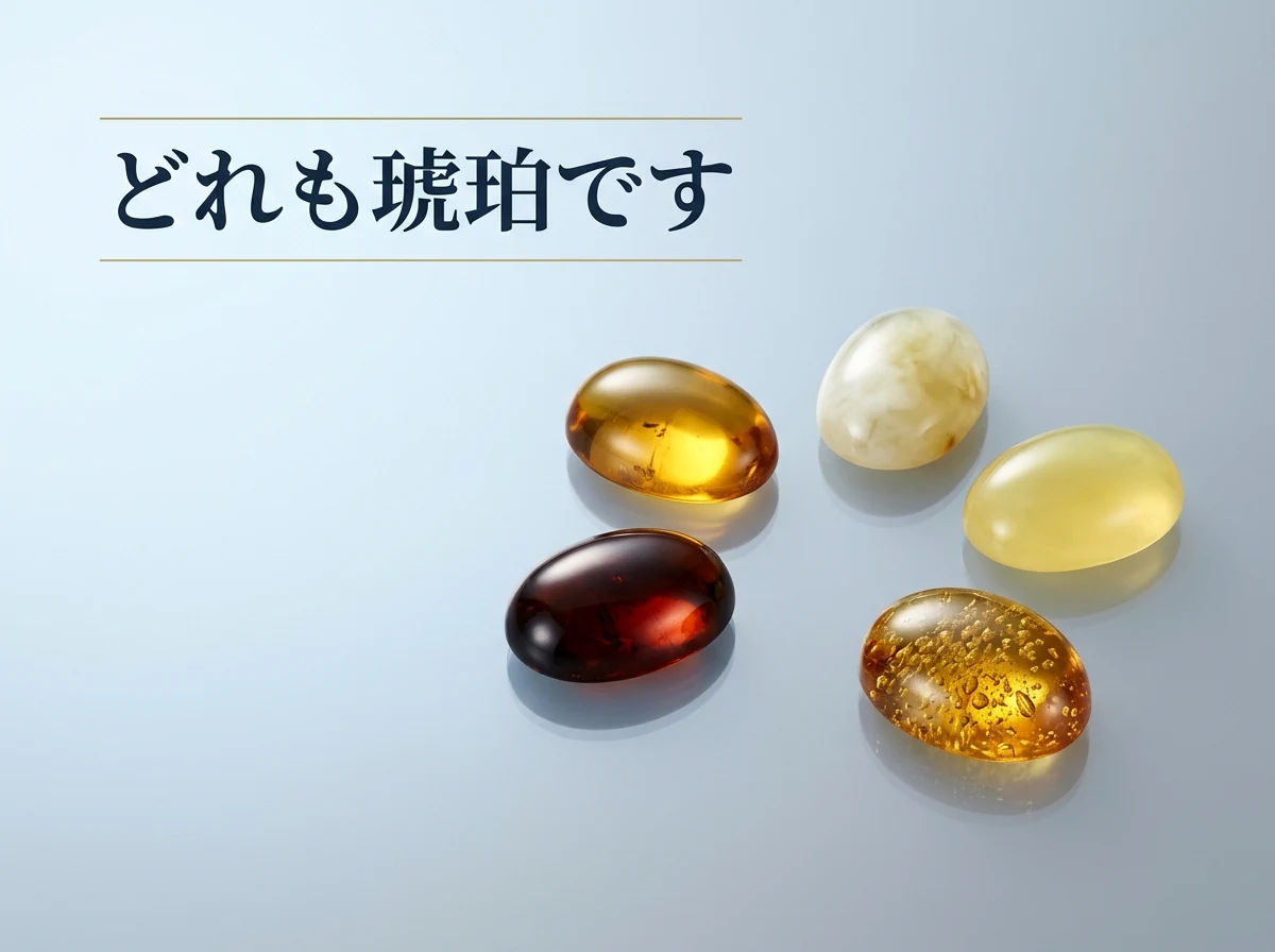 色も透明度も異なる5粒の琥珀を並べた写真。すべて琥珀であることを示す