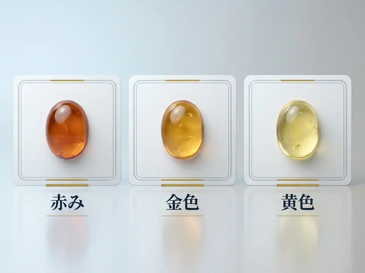 赤み・金色・黄色の3粒の琥珀を並べた図