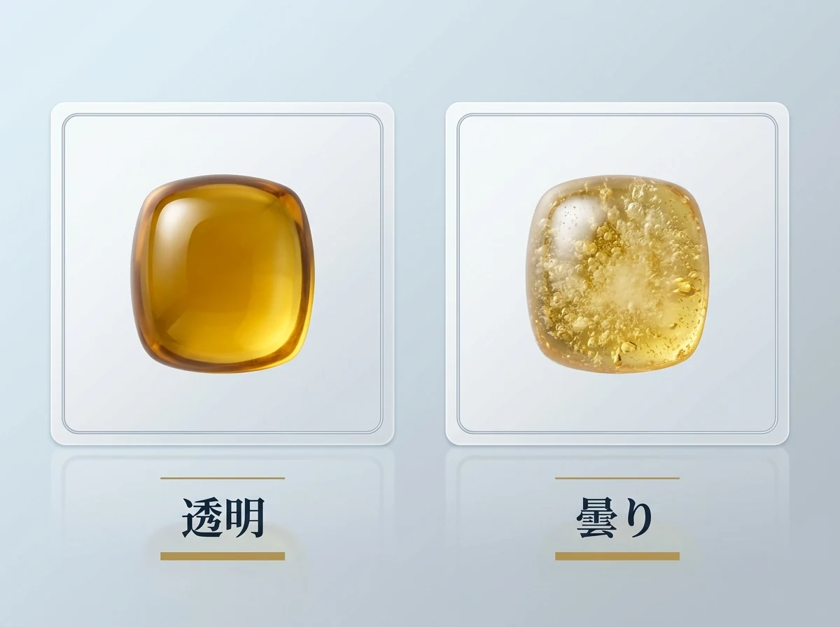 透明な琥珀と、気泡で曇った琥珀を並べた図