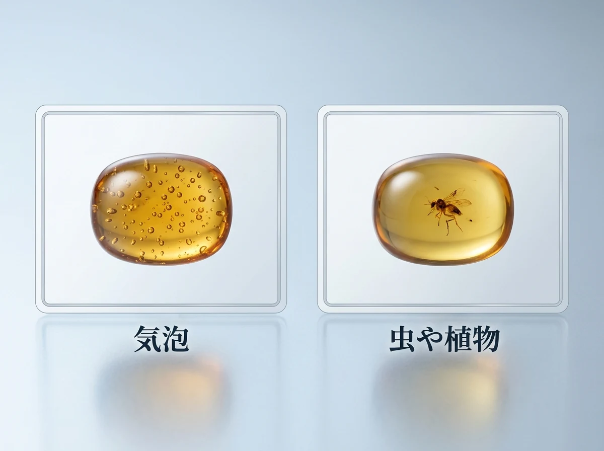 気泡が多数入った琥珀と、虫が入った琥珀を並べた図