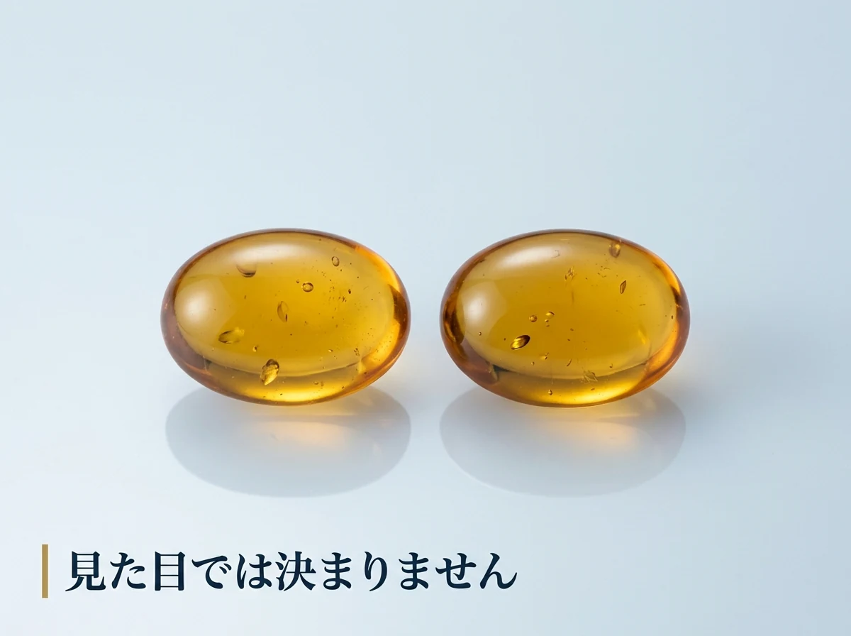 よく似た2粒の琥珀を並べた写真。産地は見た目で断定できないことを示す