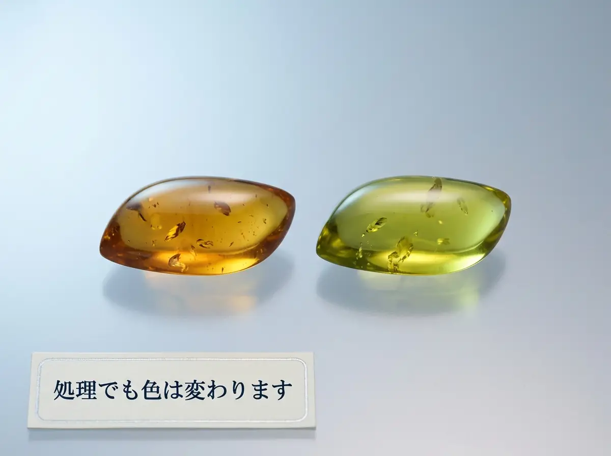 もとの蜂蜜色の琥珀と、明るい黄緑色の琥珀を並べた写真
