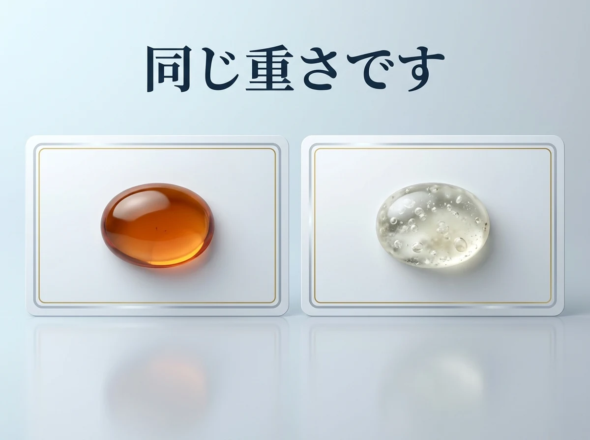 同じ重さでも見た目がまったく違う2粒の琥珀を並べた図