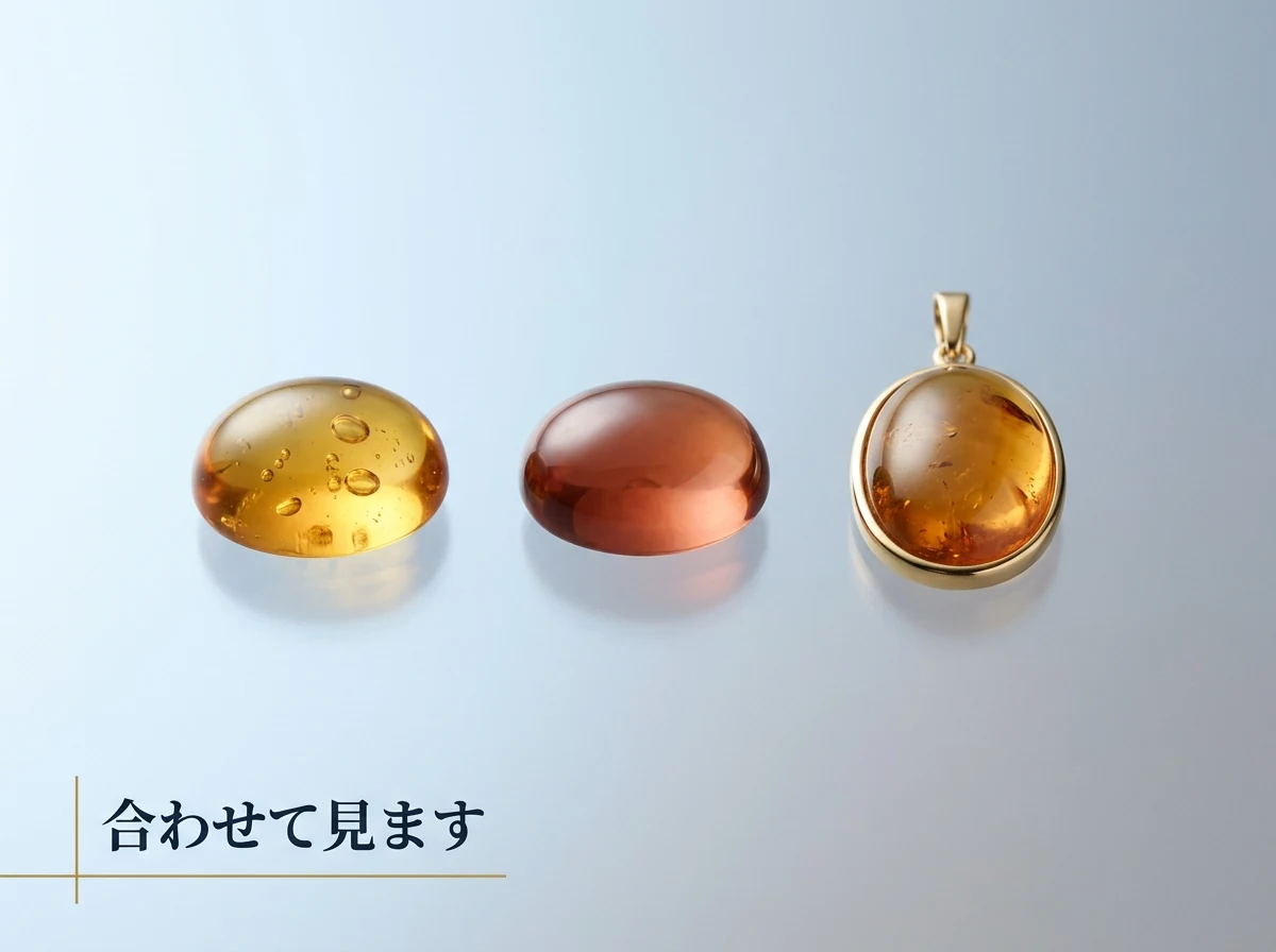 琥珀のルースと枠付きの品物を並べ、合わせて評価することを示した写真