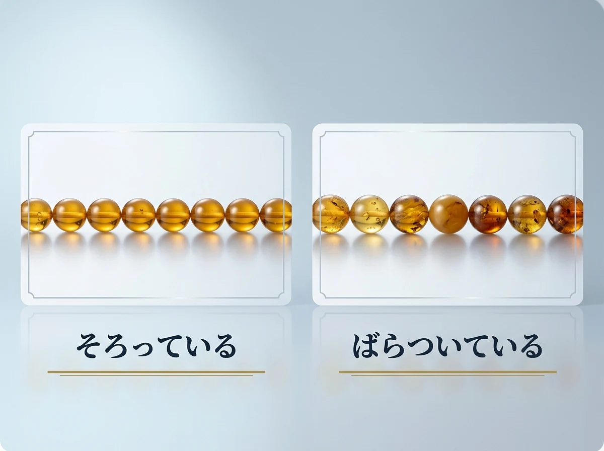 粒のそろった連と、粒ごとに色の違う連を並べた図