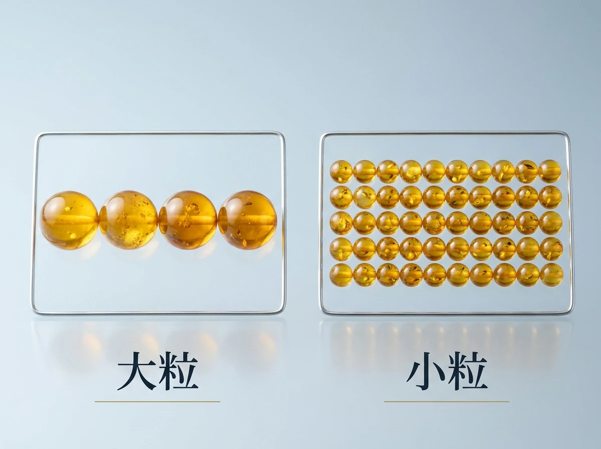 粒の大きさの違う2本の琥珀のネックレスを並べた図