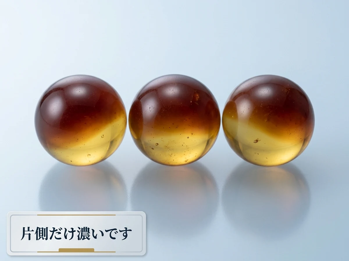 片側だけ色の濃くなった琥珀のビーズを寄って撮った写真