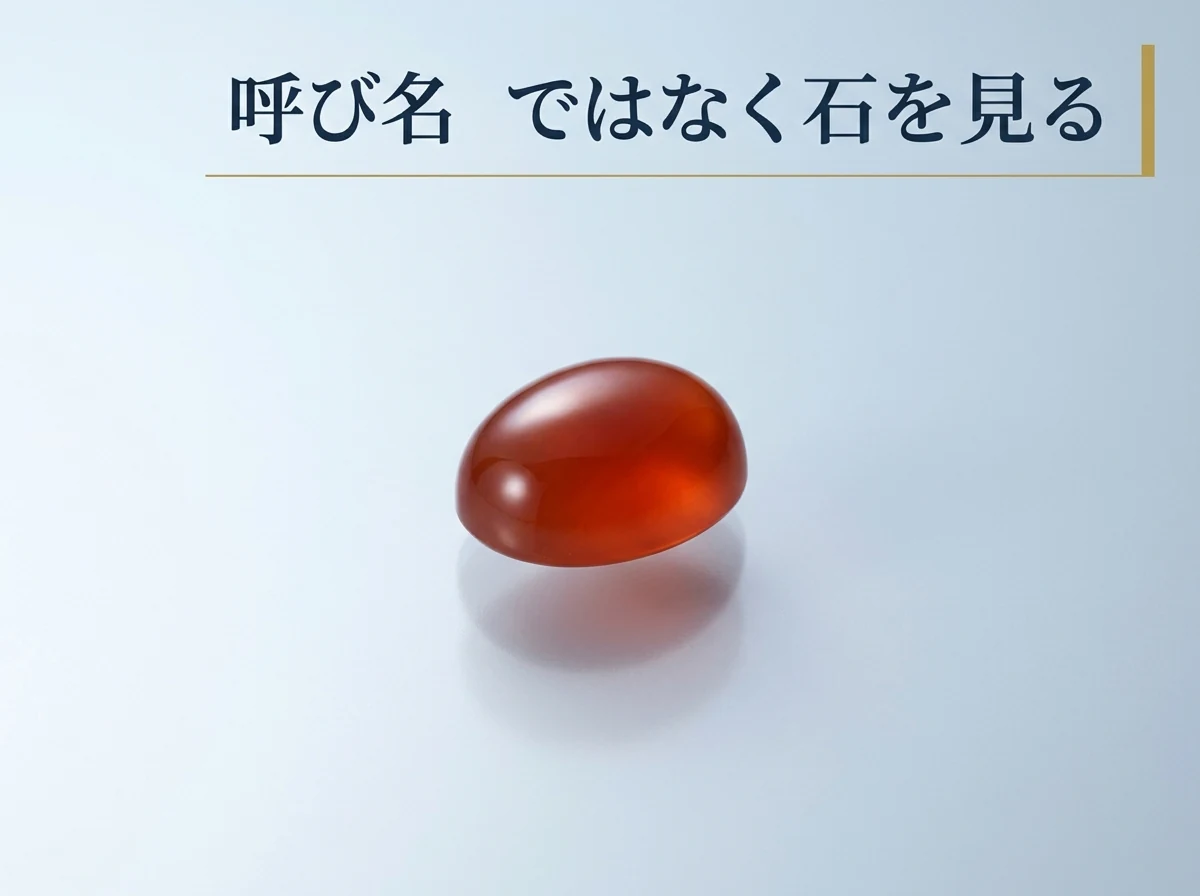 光沢のある面に置いた、縞のない赤いカーネリアンのカボションの写真
