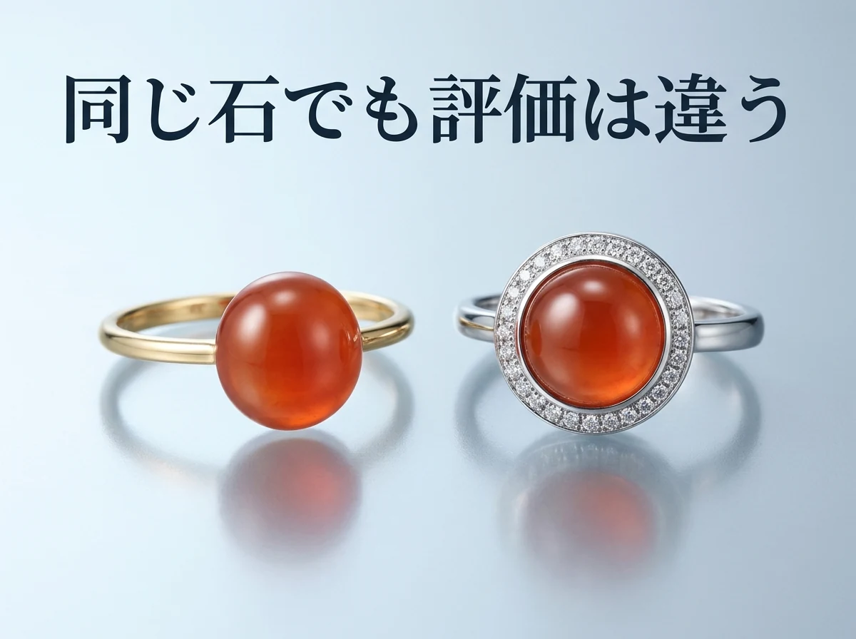 シンプルな枠と、メレダイヤモンドで囲んだ枠の、2つのカーネリアンの指輪を並べた写真