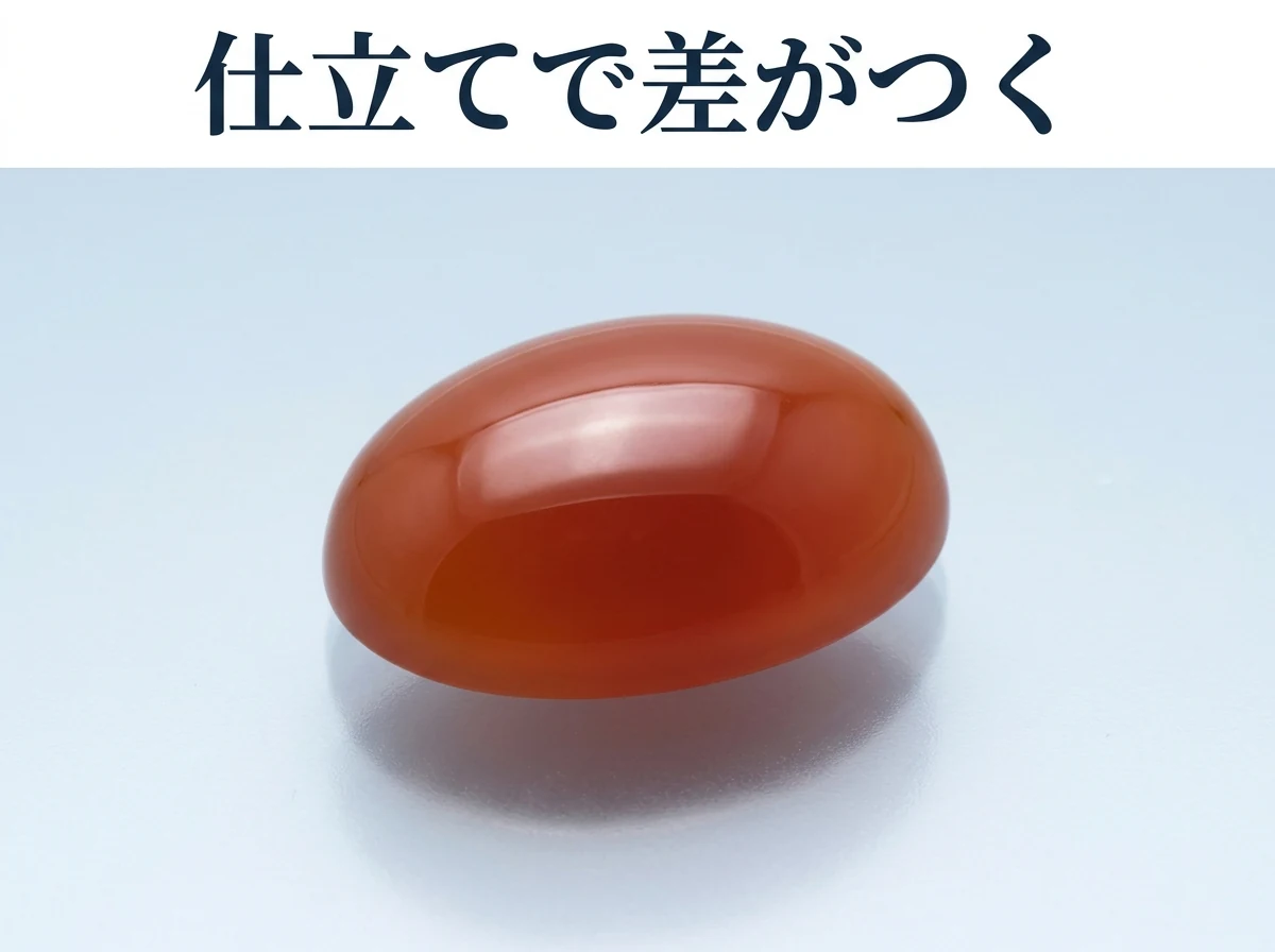 鏡のように磨き上げられた、形の整ったカーネリアンのカボションの写真
