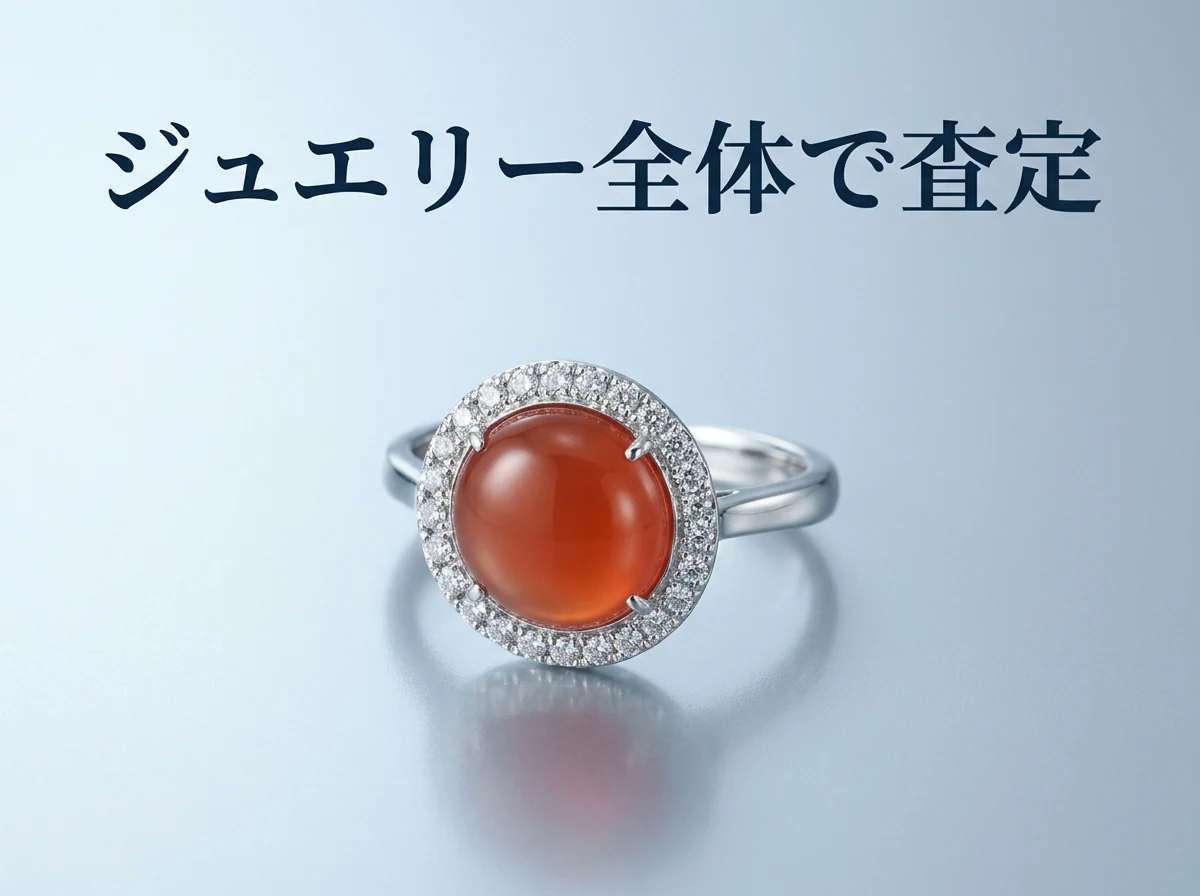 小さなダイヤモンドに囲まれたカーネリアンのカボションを留めたプラチナの指輪の写真