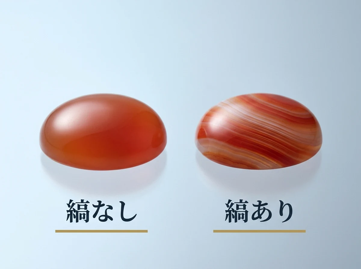 縞のない一様な色のカーネリアン(左)と、赤い縞模様のあるめのう(右)を並べた写真