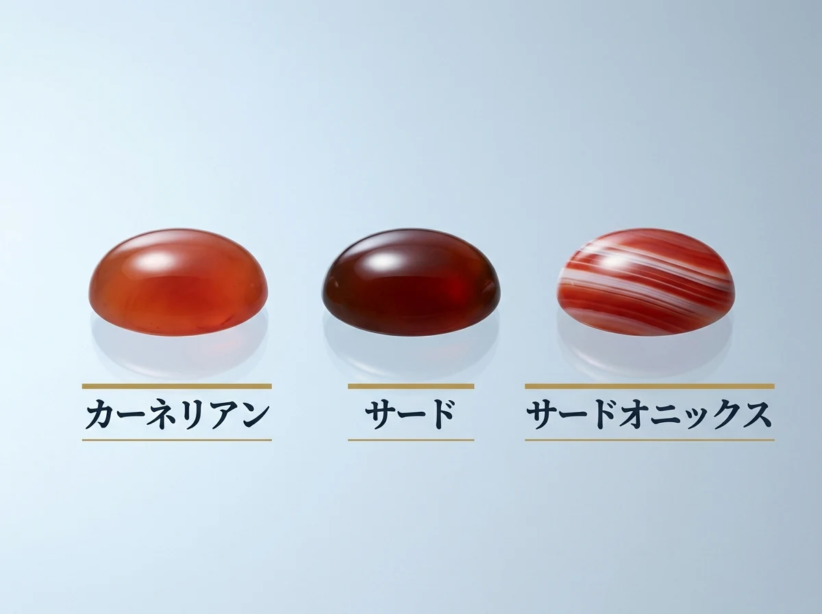赤みがかったオレンジのカーネリアン、茶色みの強い赤のサード、赤と白の縞のサードオニックスを並べた写真