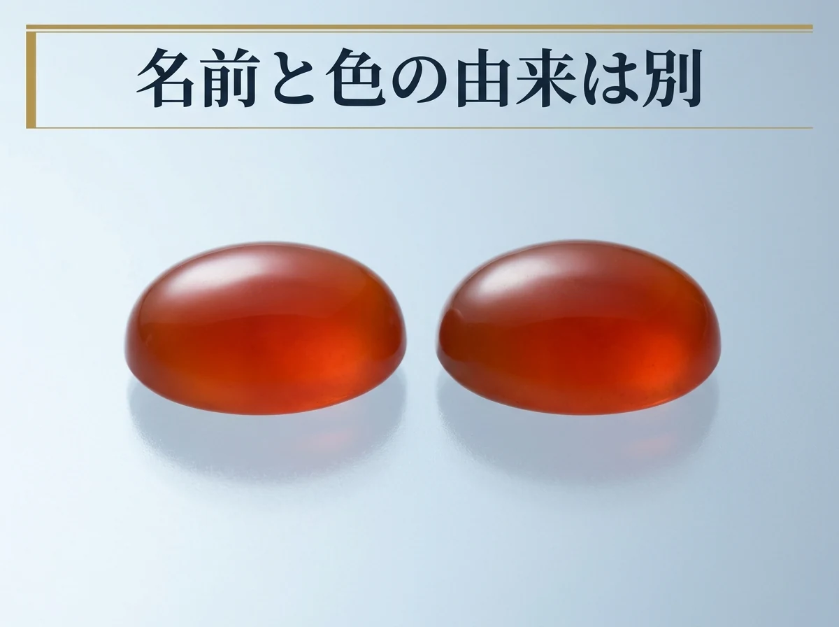 見た目のよく似た2つの赤いカボションを並べた写真。名前だけでは色の由来を判断できないことを示す