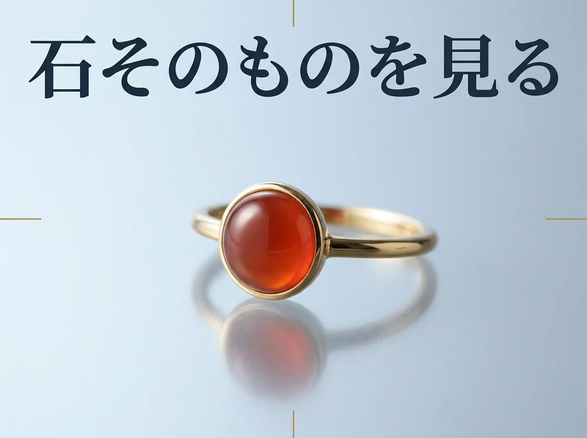 金色の枠に留めた、赤みがかったオレンジ色のカーネリアンの指輪の写真