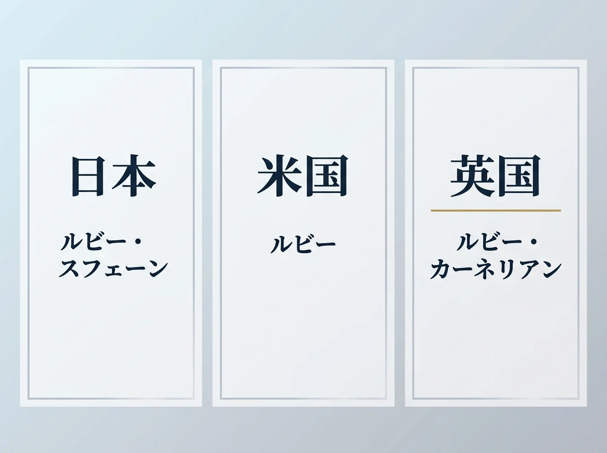 7月の誕生石の比較。日本はルビーとスフェーン、米国はルビー、英国はルビーと代わりの石のカーネリアン