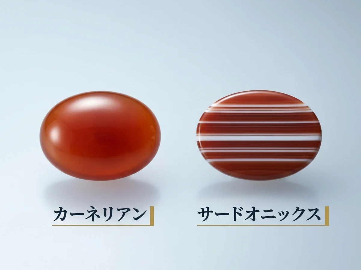 左に縞のない赤みがかったオレンジ色のカーネリアン、右に赤褐色と白の層が重なったサードオニックスを並べた写真