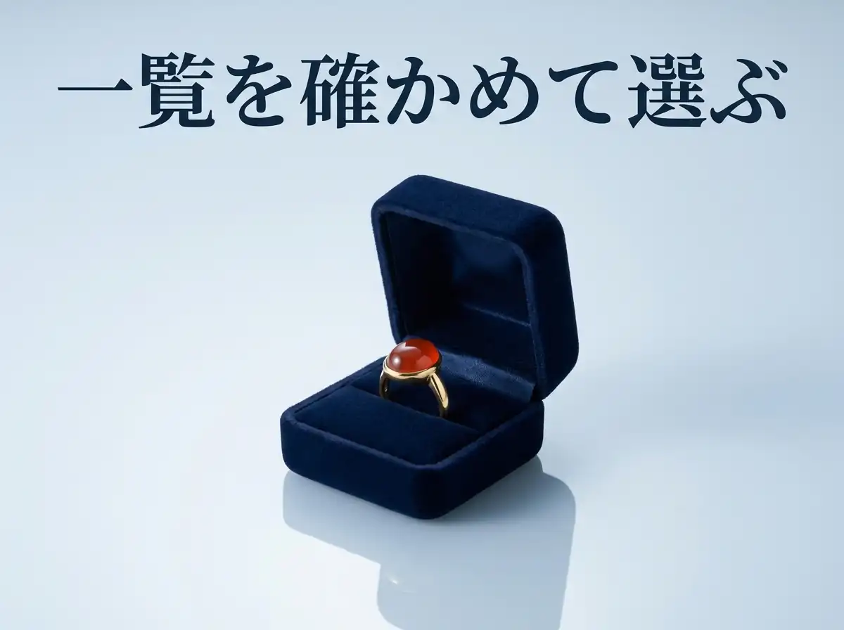 濃紺のジュエリーケースに収めた、カーネリアンのカボションを留めたイエローゴールドの指輪の写真