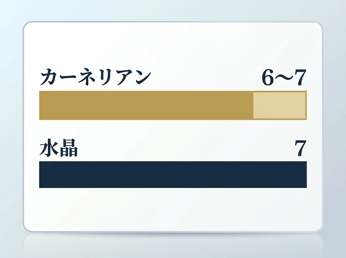 モース硬度の比較図。カーネリアンは6〜7程度、水晶は7