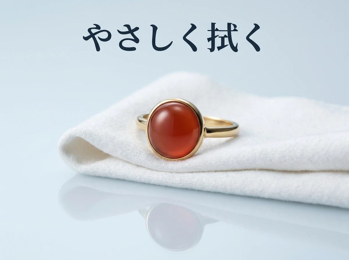 やわらかい布の上に置いた、カーネリアンの指輪の写真