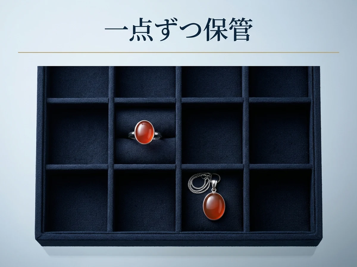 仕切りのある濃紺のジュエリーケースに一点ずつ収めた、カーネリアンの指輪とペンダント
