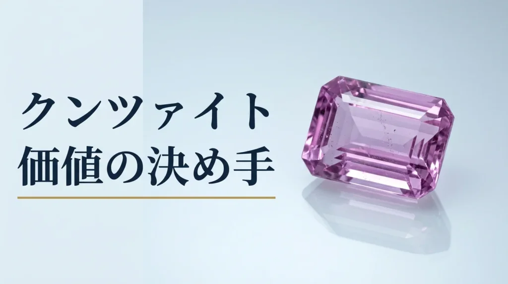 濃いライラックピンクのクンツァイトのルースを光沢のある面に置いた写真