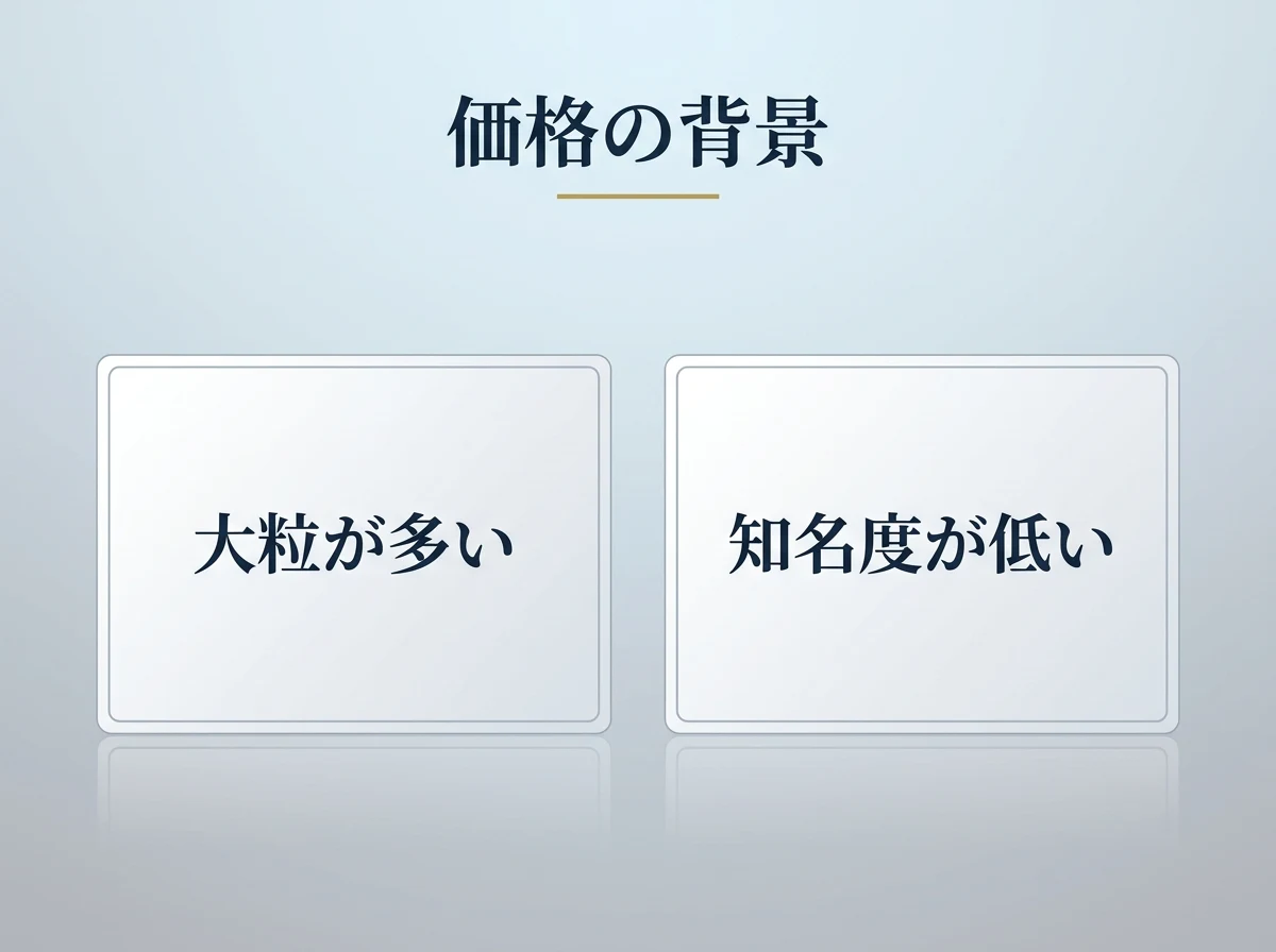 クンツァイトの価格が手ごろになりやすい2つの理由(大粒が多い・知名度が低い)を示す図
