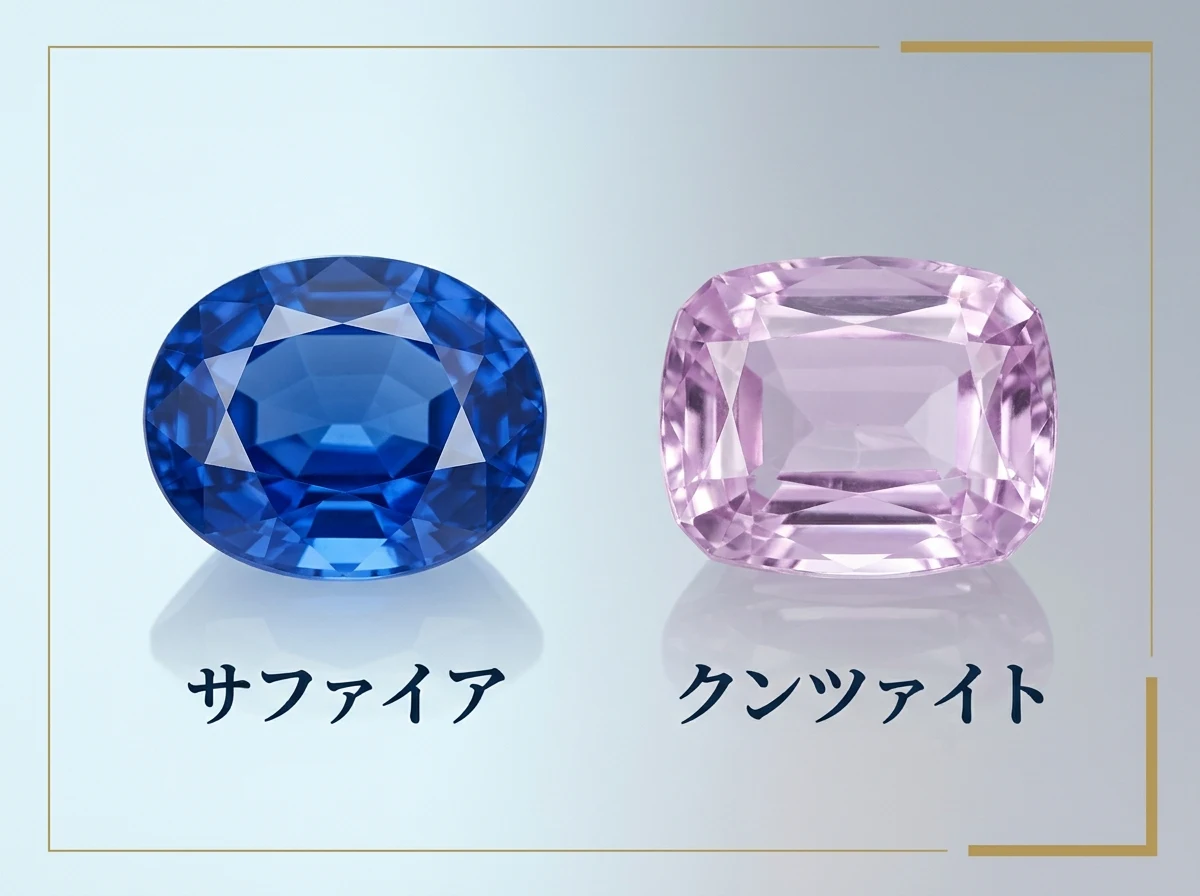 青いサファイアと淡いピンクのクンツァイトを並べた写真