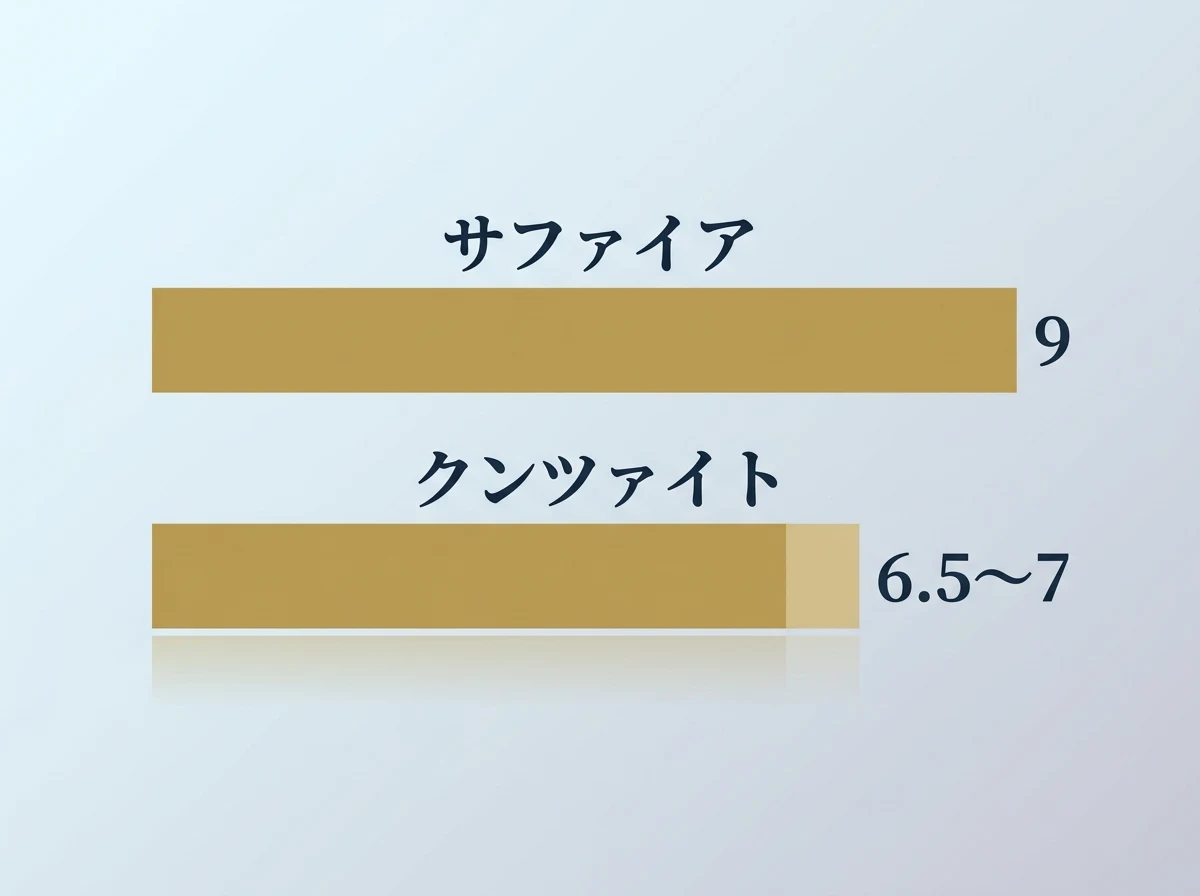 モース硬度の比較図。サファイアは9、クンツァイトは6.5〜7